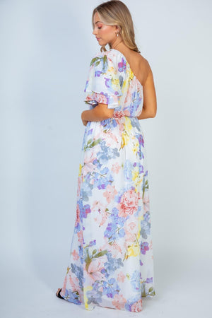 Pastel Floral One-shoulder Maxi Dress