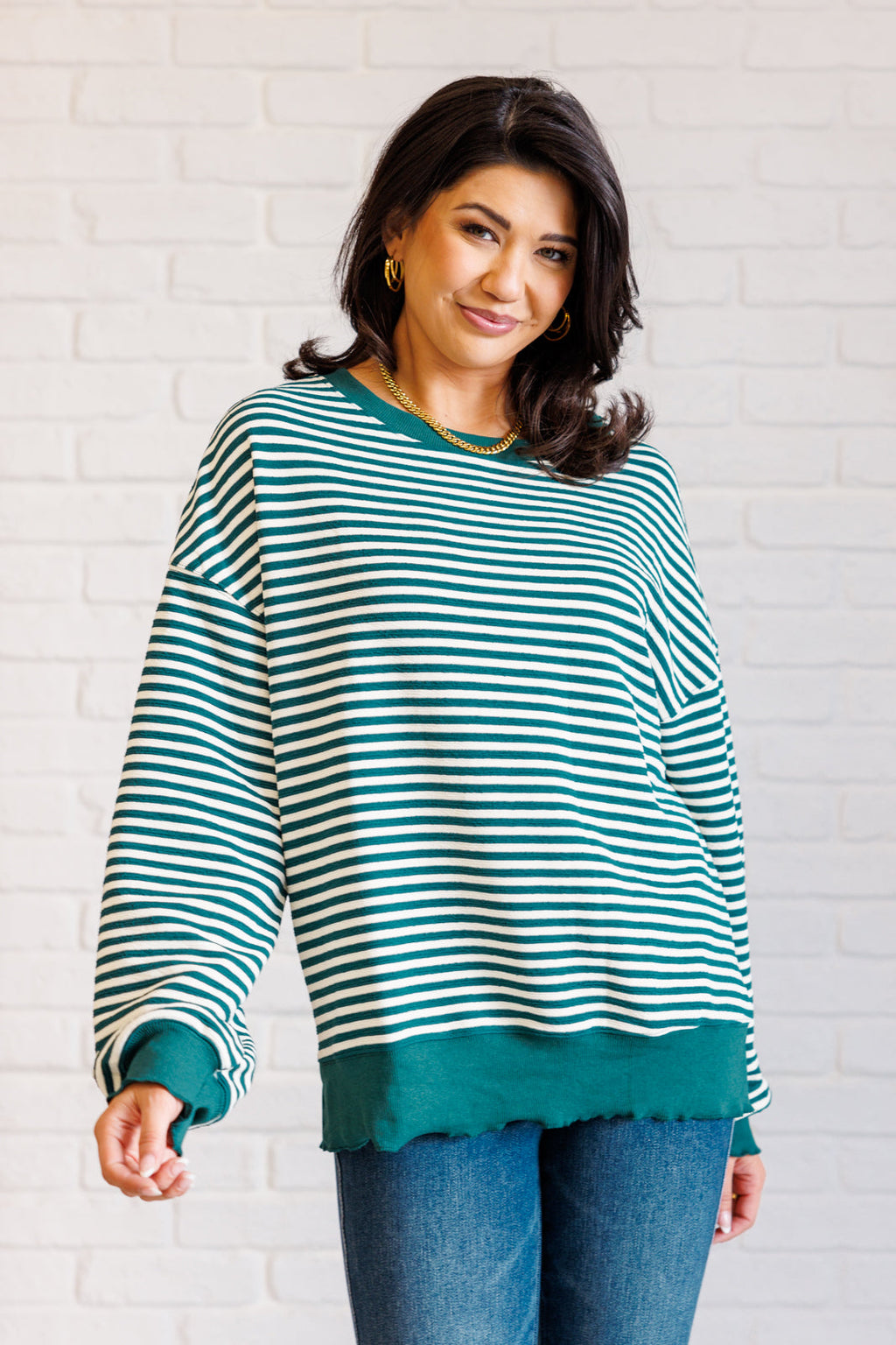 ONLINE EXCLUSIVE: Too Good to be True Striped Drop Shoulder Top in Green