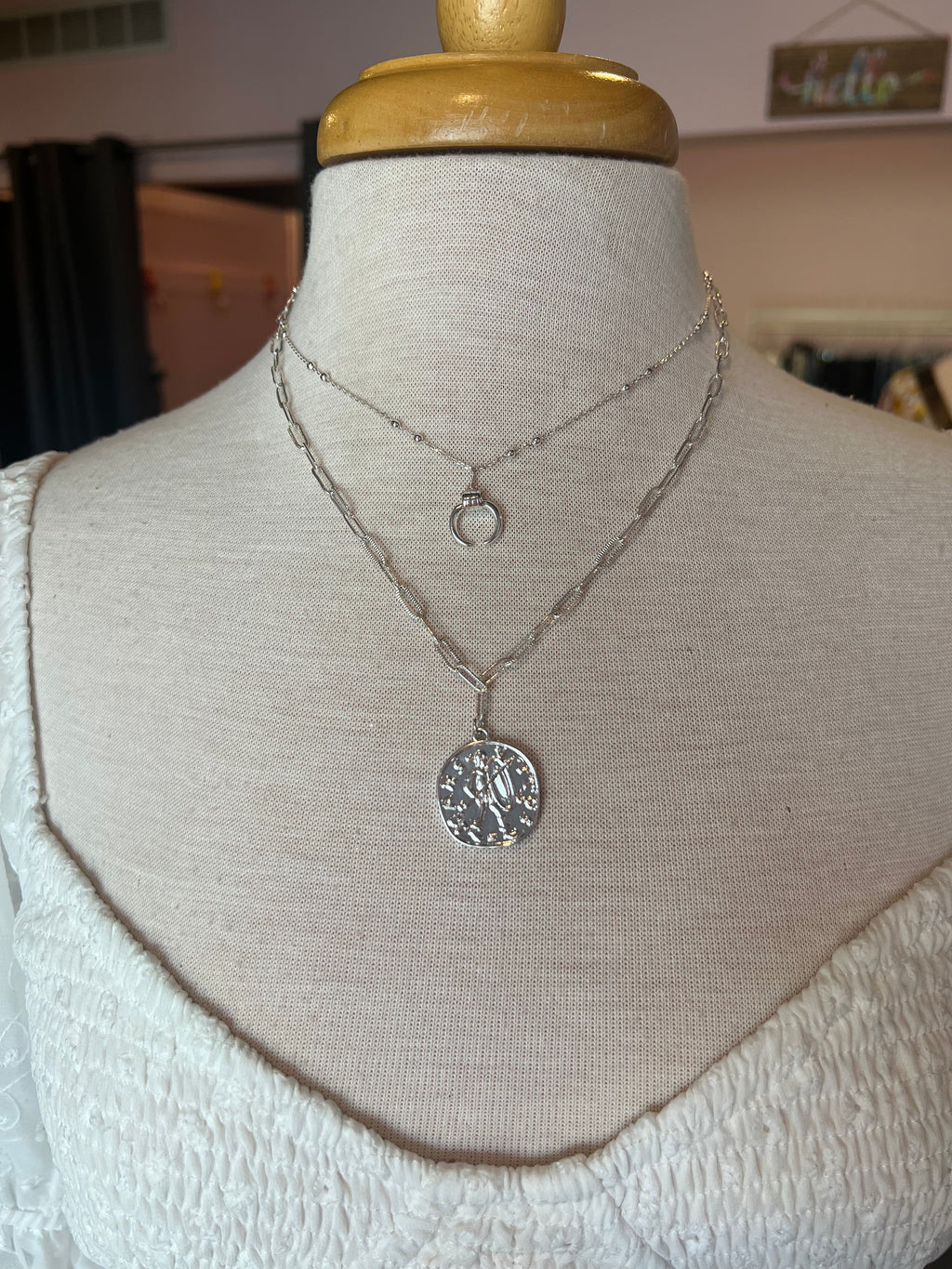 Layered Silver Chain Necklace with Coin & Horn Pendant