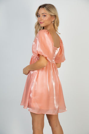 Shimmer Coral Peach Organza Puff Sleeve Babydoll Dress