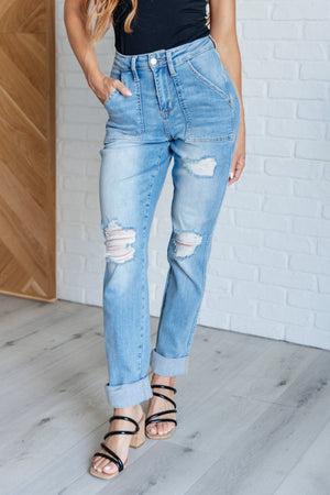 ONLINE EXCLUSIVE: Aiden High Rise Patch Pocket Distressed Boyfriend Jeans