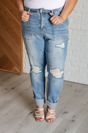 ONLINE EXCLUSIVE: Aiden High Rise Patch Pocket Distressed Boyfriend Jeans