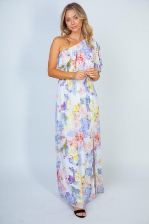 Pastel Floral One-shoulder Maxi Dress