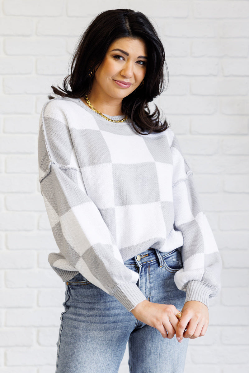 ONLINE EXCLUSIVE: Check Yourself Checkered Sweater in Grey