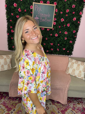 **Yellow & Pink Floral Poncho Top