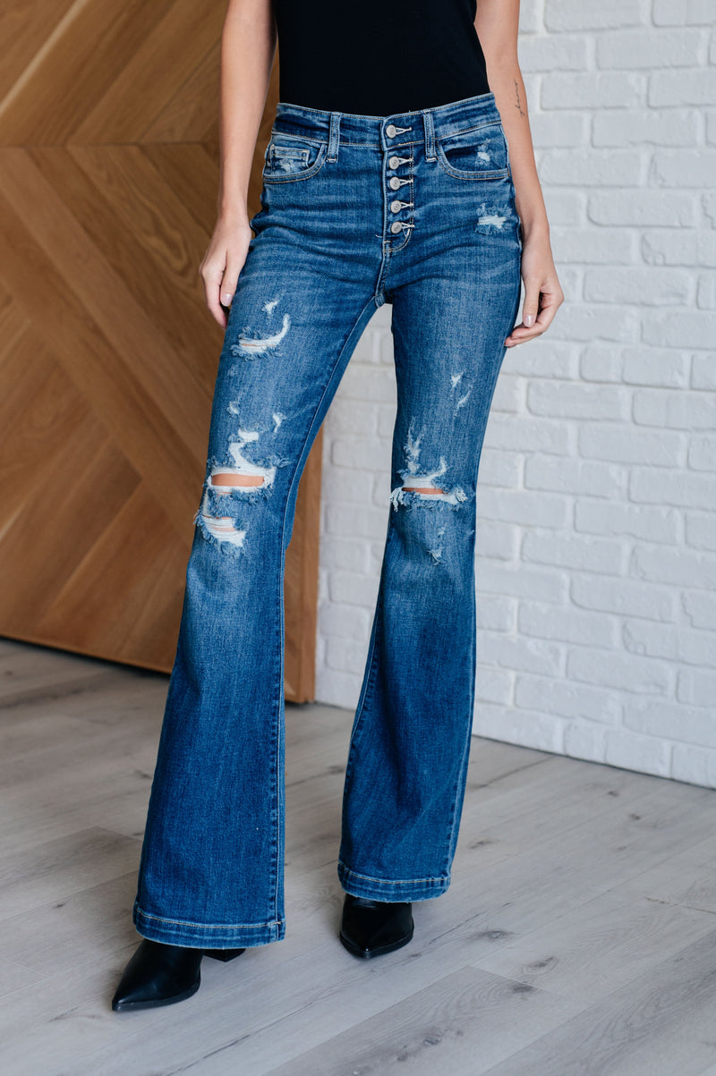 ONLINE EXCLUSIVE: Gabriella Mid Rise Distressed Button Fly Flare