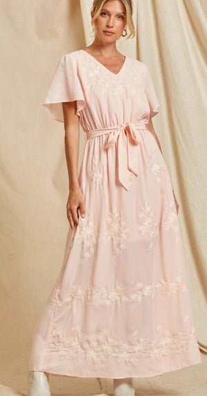 Peachy Pink Embroidered Maxi Dress with Self-tie Belt