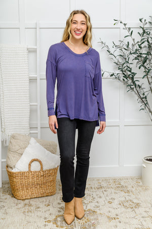 ONLINE EXCLUSIVE: Long Sleeve Knit Top With Pocket In Denim Blue