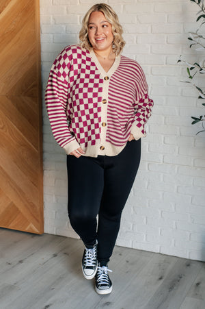 ONLINE EXCLUSIVE: No Brainer Button Down Sweater Knit Cardigan in Magenta/Oatmeal