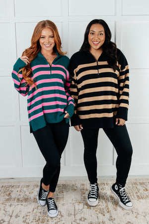 ONLINE EXCLUSIVE: Well Situated Striped Quarter Zip Sweater in Green and Pink