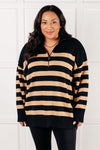 ONLINE EXCLUSIVE: Well Situated Striped Quarter Zip Sweater in Black and Tan