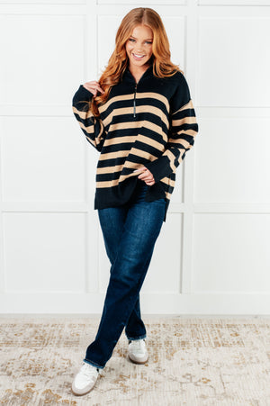 ONLINE EXCLUSIVE: Well Situated Striped Quarter Zip Sweater in Black and Tan