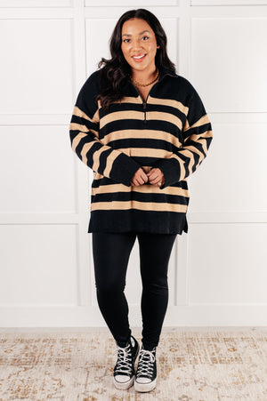 ONLINE EXCLUSIVE: Well Situated Striped Quarter Zip Sweater in Black and Tan