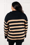 ONLINE EXCLUSIVE: Well Situated Striped Quarter Zip Sweater in Black and Tan