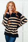 ONLINE EXCLUSIVE: Well Situated Striped Quarter Zip Sweater in Black and Tan