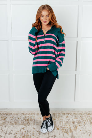 ONLINE EXCLUSIVE: Well Situated Striped Quarter Zip Sweater in Green and Pink