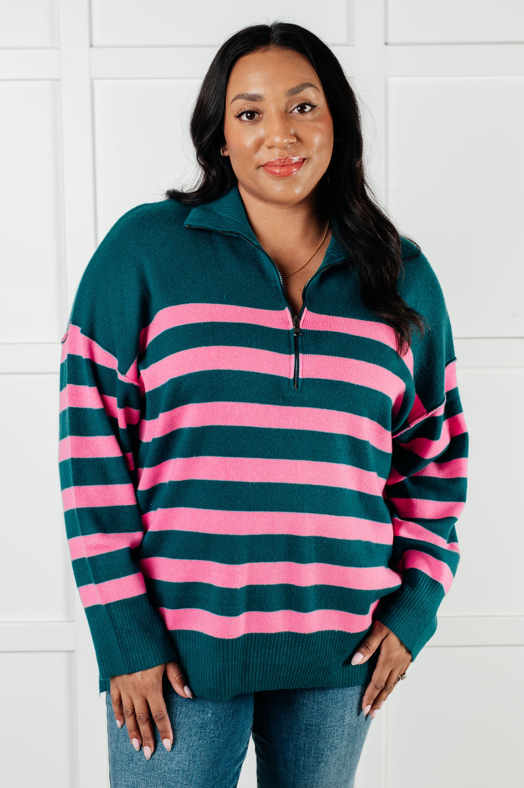 ONLINE EXCLUSIVE: Well Situated Striped Quarter Zip Sweater in Green and Pink