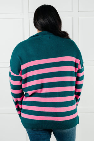 ONLINE EXCLUSIVE: Well Situated Striped Quarter Zip Sweater in Green and Pink