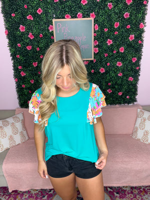 Teal Top with Short Floral Ruffle Sleeves