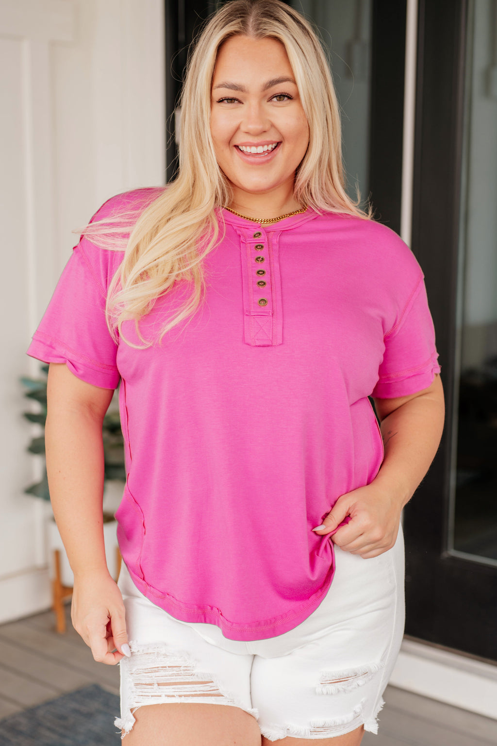 ONLINE EXCLUSIVE: On A Whim Pink Raw Hem Henley Tee