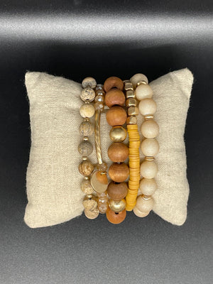 Set of 5 Stretch Bracelets with Natural Stone Wood Beads