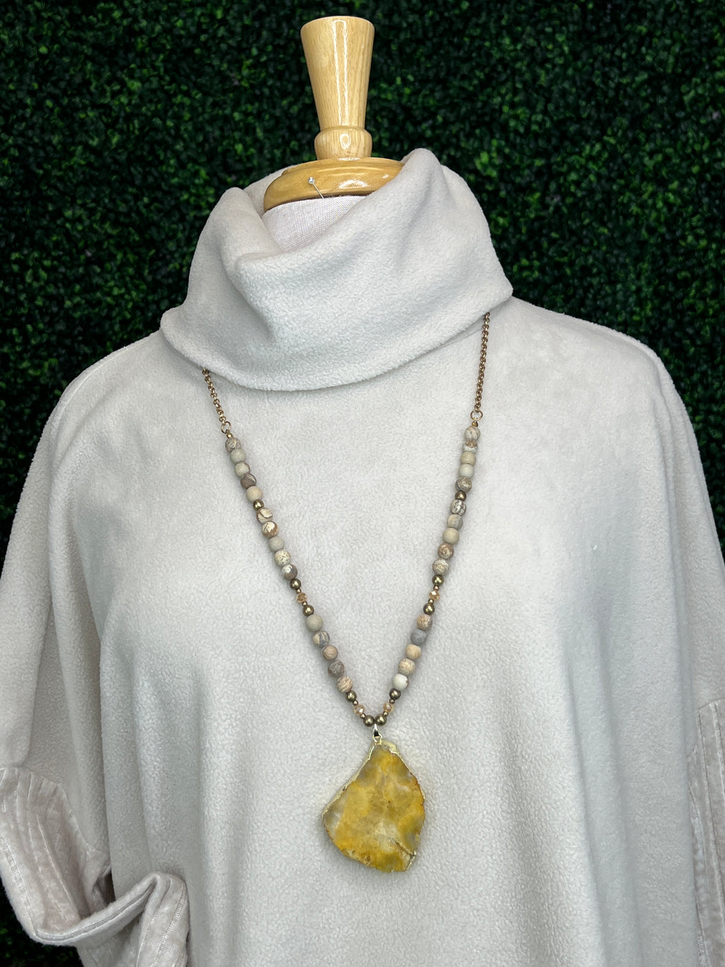 Long Gold & Natural Beaded Necklace With Citrine Stone Pendant