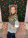 Leopard Print & Striped Knit Top with Pocket