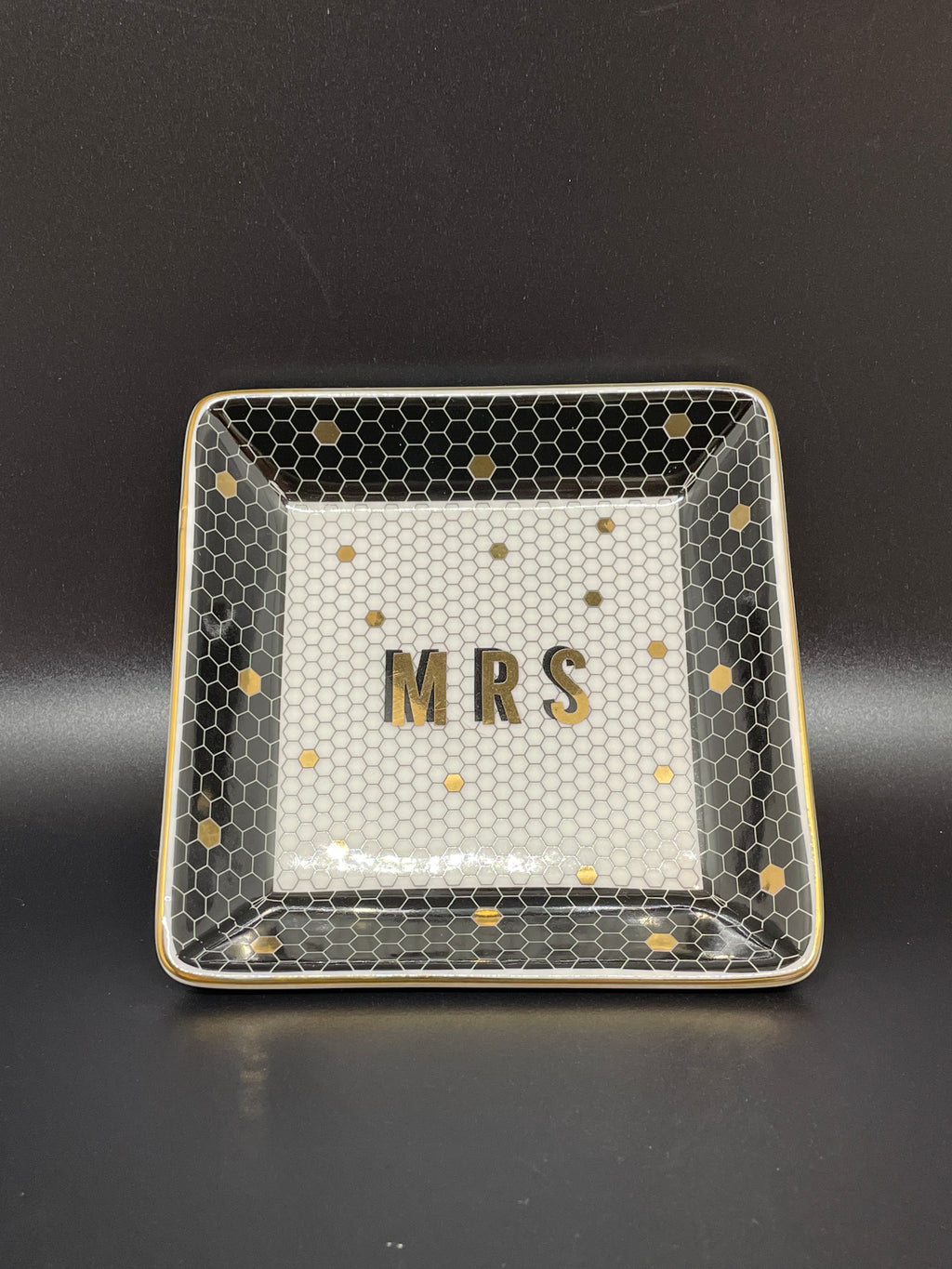 Mrs. Jewelry Dish in Black, White & Gold Honeycomb Tile