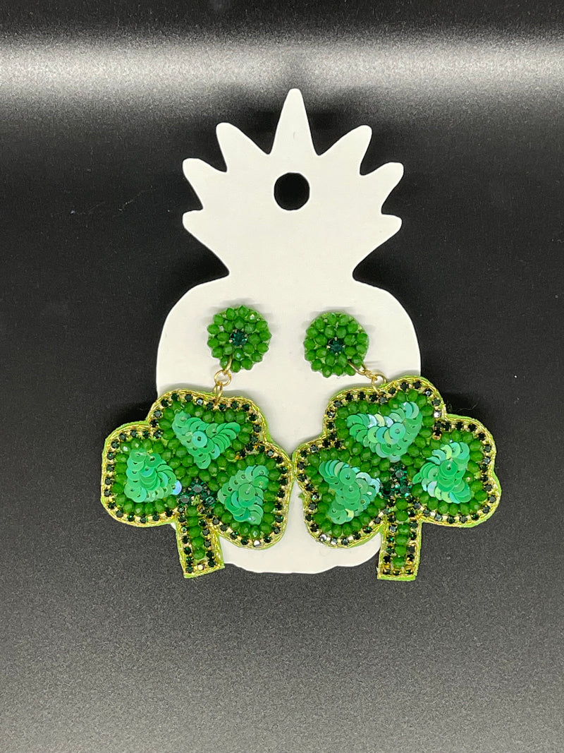 Green Beaded & Crystal Statement 3-Leaf Clover Earrings