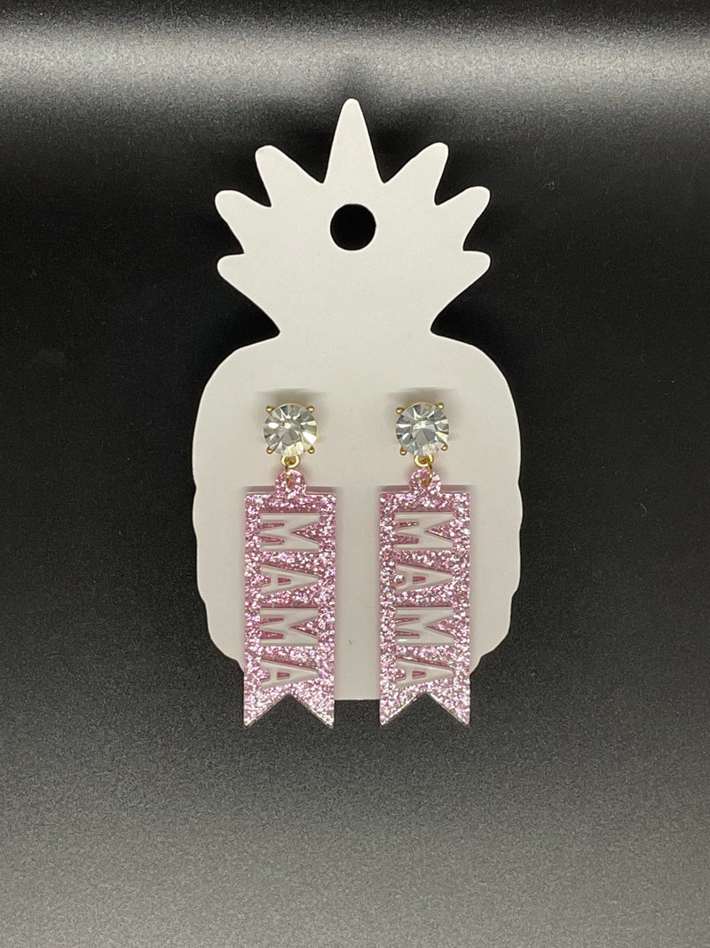 Pink Glitter Acrylic Dangle Mama Earrings