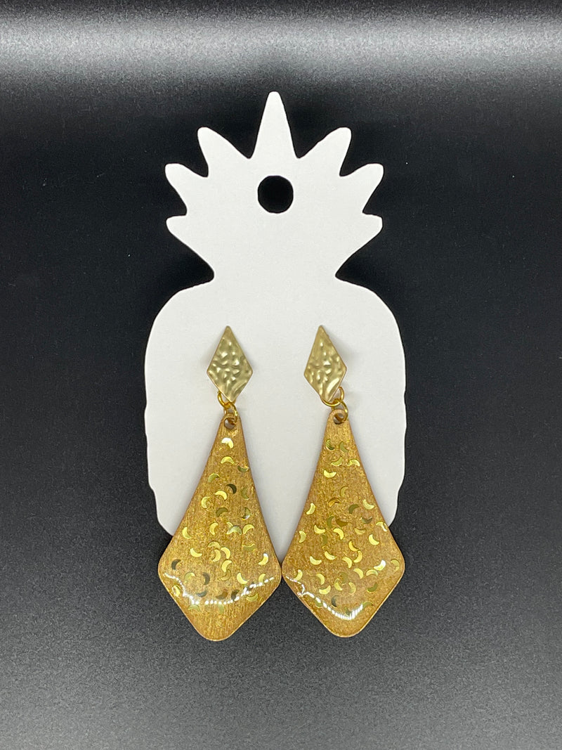 Gold Moon Resin & Wood Dangle Earrings