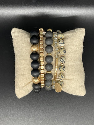 Set of 5 Stretch Bracelets with Natural Stone Wood Beads