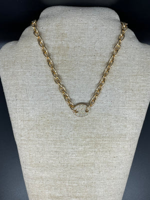 Rhinestone Pave Button Pendant Chain Necklace