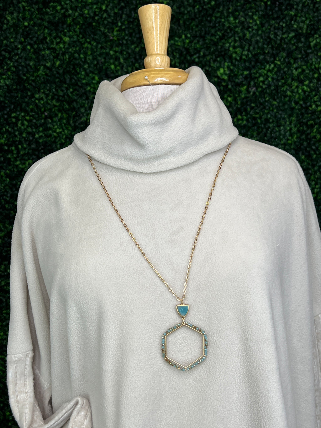 Long Necklace With Beaded Hexagon Pendant