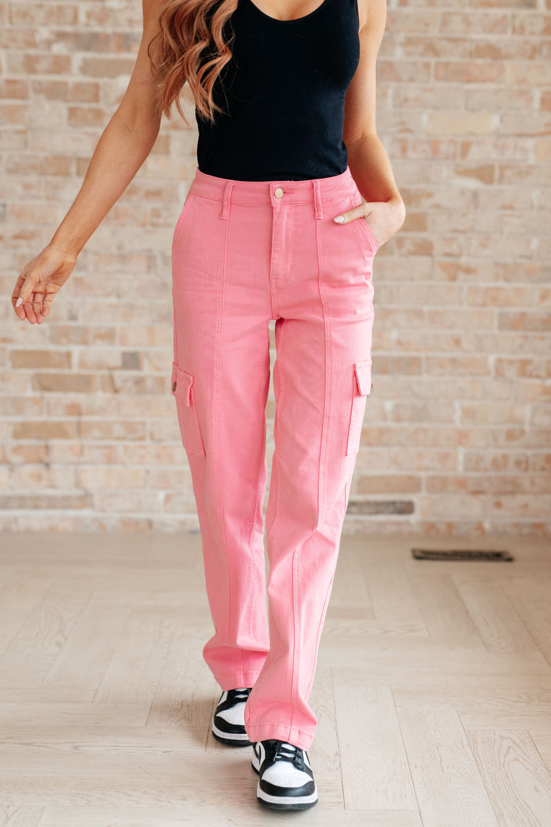 ONLINE EXCLUSIVE: Peggy High Rise Cargo Straight Jeans in Pink