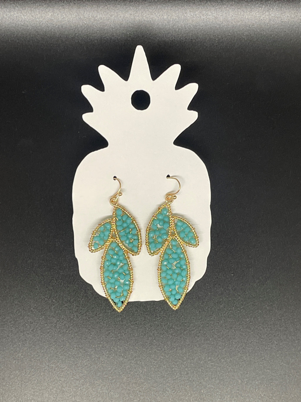 Aqua Beaded Triple Leaf Dangle Earrings