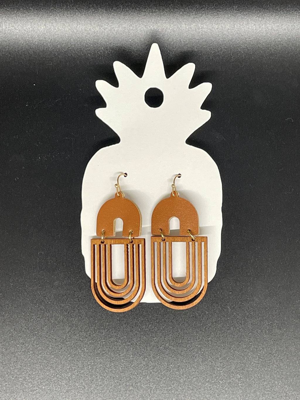Carved Wood & Faux Leather Arch Drop Earrings