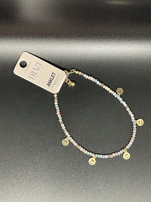 Beaded Ankle Bracelet with Mini Smiley Face Discs